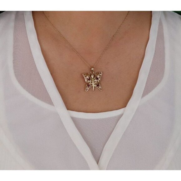 14k Yellow Gold Butterfly Necklace Pink and Red Enamel 18" Chain - Picture 3 of 8